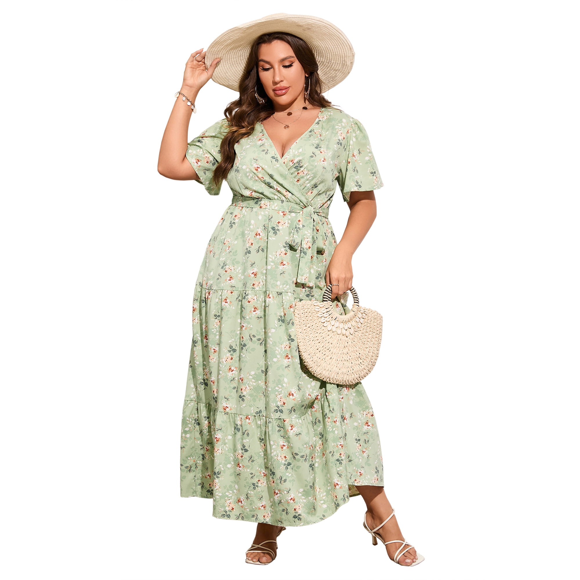 Womens Plus Size V Neck Wrap Maxi Dress High Waist Ruffle Summer Casual Dress With Belt