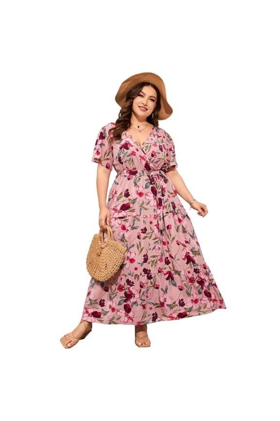 Womens Plus Size V Neck Wrap Maxi Dress High Waist Ruffle Summer Casual Dress With Belt