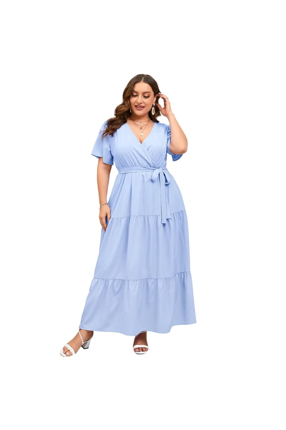 Womens Plus Size V Neck Wrap Maxi Dress High Waist Ruffle Summer Casual Dress With Belt