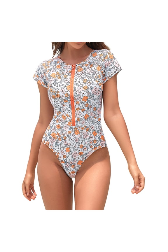 Womens Rash Gurd Short Sleeve One Piece Bathing Suit Zipper Surfing UPF 50+ Swimsuit