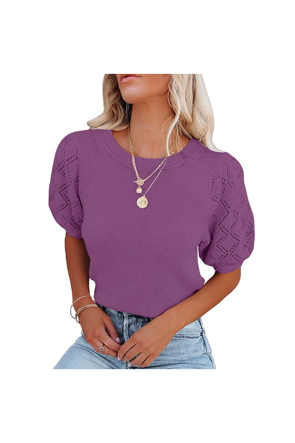 Womens Short Sleeve Sweaters Crewneck Knit Pullover Tops Summer Lightweight Crochet Blouse Shirt