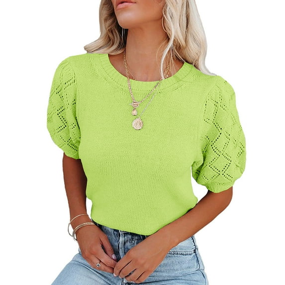 Yesfashion Womens Short Sleeve Sweaters Crewneck Knit Pullover Tops Summer Lightweight Crochet Blouse Shirt