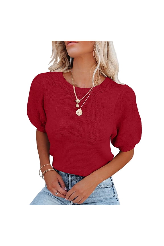 Womens Short Sleeve Sweaters Crewneck Knit Pullover Tops Summer Lightweight Crochet Blouse Shirt