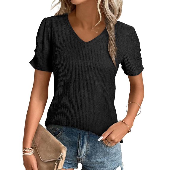 Yesfashion Womens Short Sleeve Tops Summer Casual V Neck T Shirts Blouses Solid Textured Knit Tee Tunic