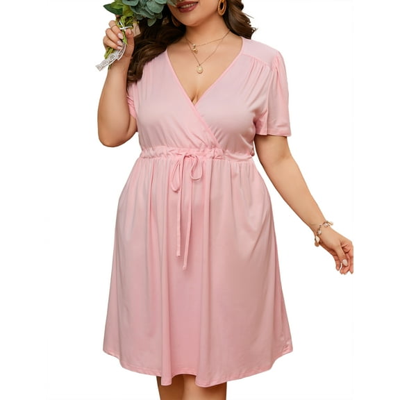 Yesfashion Womens Spring Summer Plus Size Dresses 2025 Casual Tunic Dress Short Sleeve V Neck Flowy Swing Mini Shift Dress