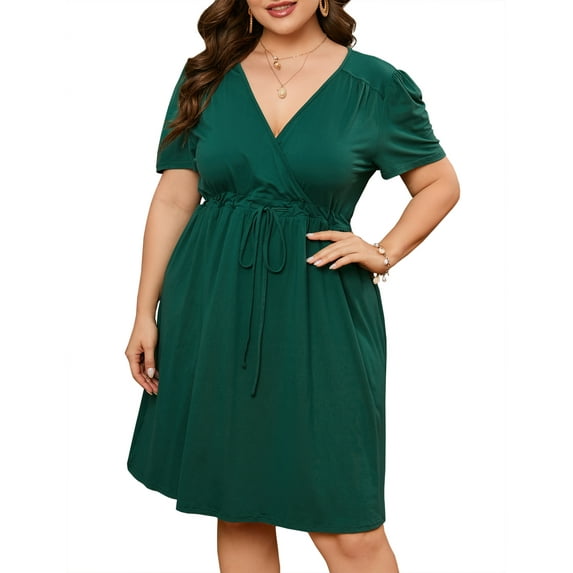 Yesfashion Womens Spring Summer Plus Size Dresses 2025 Casual Tunic Dress Short Sleeve V Neck Flowy Swing Mini Shift Dress