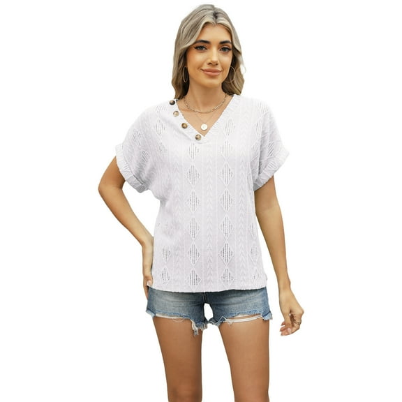 Yesfashion Womens Spring and Summer T-shirts V Neck Short Sleeve Buttons Tops Tee Loose Fit Blouse
