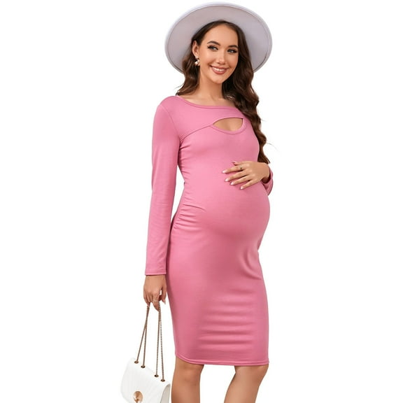 Yesfashion Womens Summer Pregnant Dresses Square Neck Hollowed-out long Sleeved Ribbed Knit Slim Fitted Basic Pregnant Dress