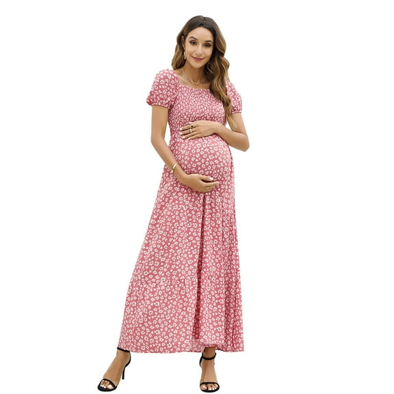 Yesfashion Womens Summer Spring Smocked Wedding Guest Maternity Maxi Dress Casual Short Sleeve Floral Long