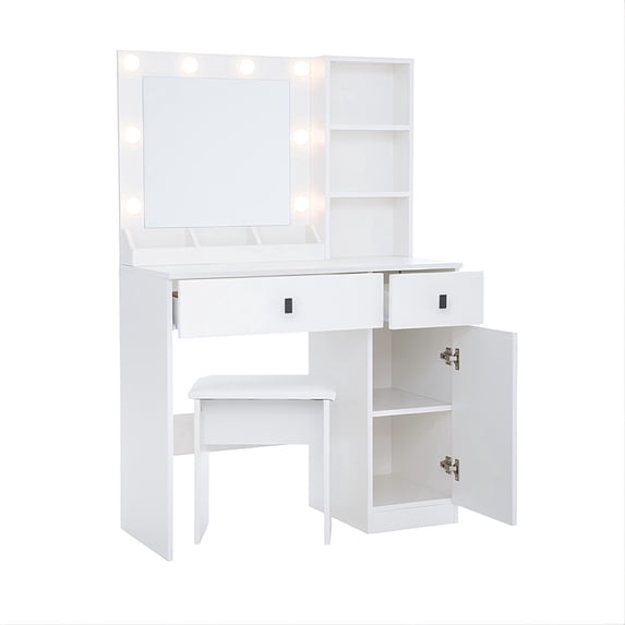 Yesfashion Wood Vanity Desk Set, Makeup Vanity Table With Mirror & 8 LED Light Bulbs, Open Shelves, 2 Drawers, 1 Makeup Stool For Home Office Bedroom Living Room