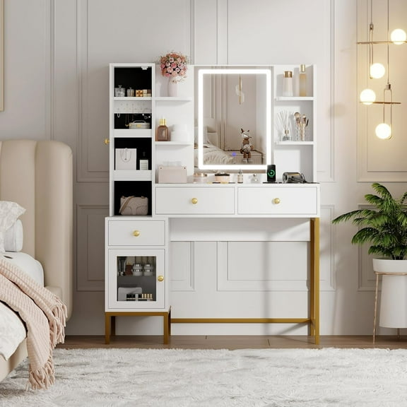 Yeshouse 1 Piece Adult Modern Vanity Table Set with 3 Color LED Mirror, 3 Drawers, 6 Shelves, and 2 Cabinets, White