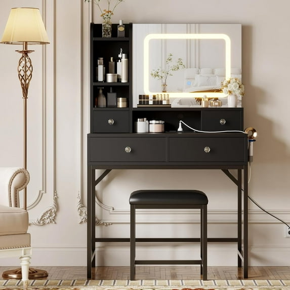 Yeshouse 1 Piece Adult Vanity Set with Lights and Bench, Charging Station, 4 Drawers, 6 Storage Shelves for Bedroom, Black
