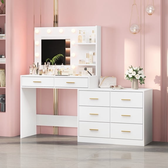 Yeshouse 1 Piece Modern Vanity Table Set with Mirror, Lights, 8 Drawers and 2 Shelves, White
