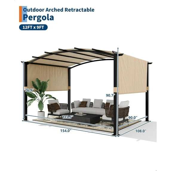 Yeshouse 12*9FT Outdoor Arched Pergola, Heavy-Duty Aluminum Patio Gazebo with Retractable Canopy, UV-Resistant for Deck Backyard Garden Porch Lawn