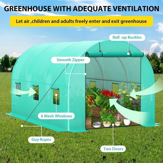 Yeshouse 13x8x7 ft Walk-in Tunnel Greenhouse with Galvanized Steel Frame & 6 Mesh Windows, Weather-Resistant Outdoor Plant Hot House for Vegetables, Green PE Cover & 2 Roll-Up Zipper Doors