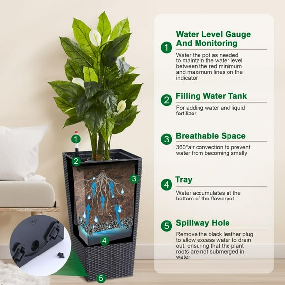 Yeshouse 16 Inch Tall Planter Set of 2 Large Rattan Flower Pot with 2 Trays & a Water Level Monitor & Wheels Outdoor and Indoor for Patio, Porch, Living Room, or Home Office