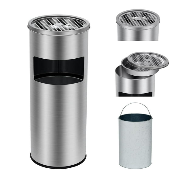 Yeshouse 17L Stainless Steel Outdoor Garbage Can, Round Trash Bin with Covered Lid and Ashtray for Office, Restaurant