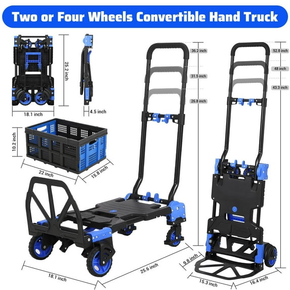 Yeshouse 2 in 1 Folding Hand Truck Dolly with Folding Basket, 330LBS Capacity Carts with Wheels Platform Truck, with 4 Wheels and Retractable Handle(Blue)
