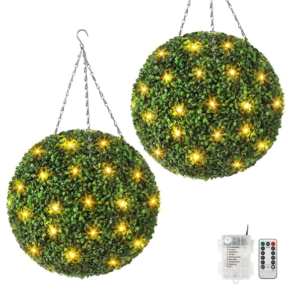 Yeshouse 20” Artificial Topiary Plant Ball (2-Pack) - Pre-Lit with Remote and Timer