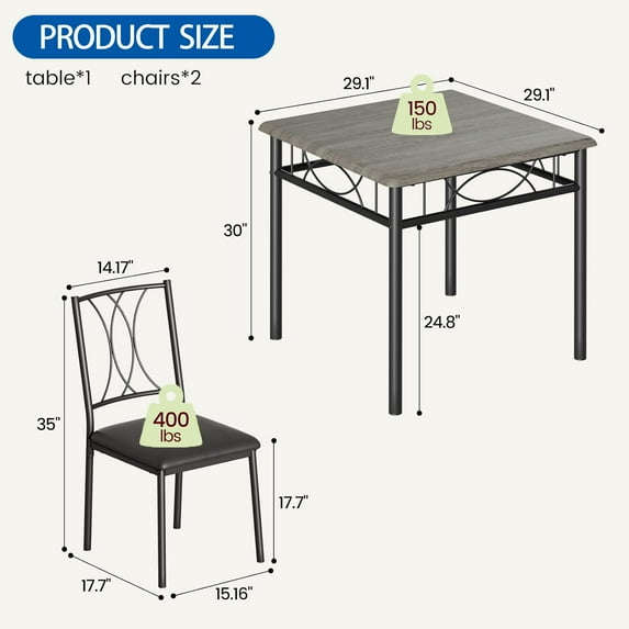 Yeshouse 3-Piece Dining Room Table Set Kitchen Table for 2, Wooden Kitchen Table and 2 Upholstered Chairs for Small Space