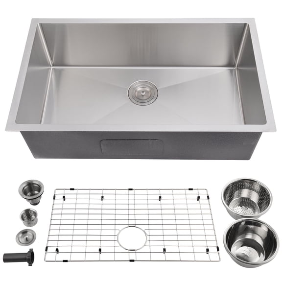 Yeshouse 32" Single Bowl Kitchen Sink - TRU16 Stainless Steel with Soundproofing and Efficient Drainage