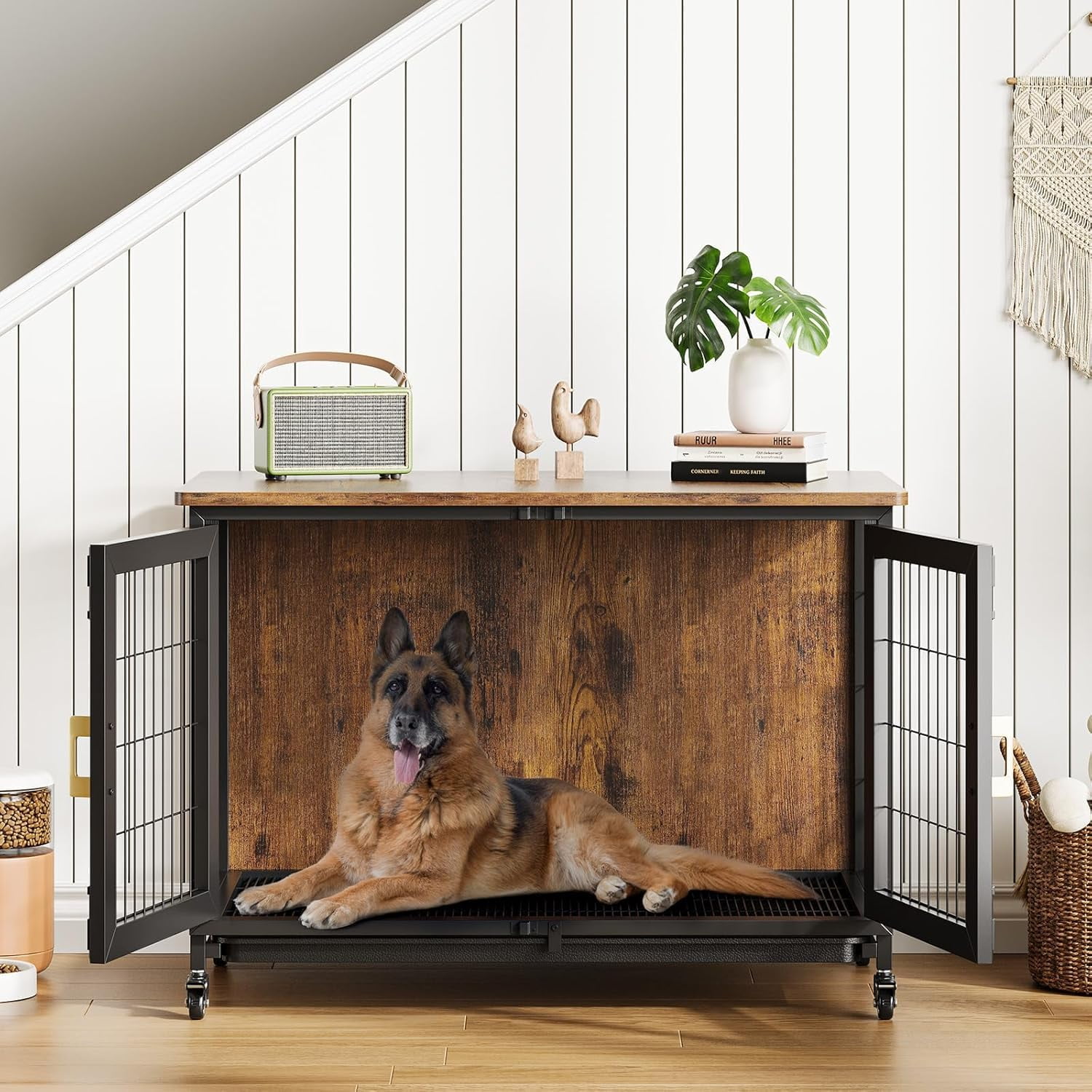 Yeshouse 37.5 Inch Dog Crate Furniture, Heavy Duty Dog Kennel Furniture with Wheels, Wooden Dog Cage with Removable Tray, Indoor Dog House for Medium and Small Dogs, Brown