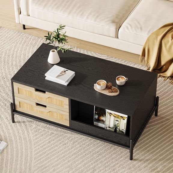 Yeshouse 40 Inch Coffee Table with LED Lights, 4 Drawers and Storage Shelf, Black