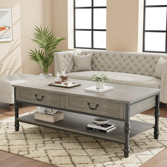 Yeshouse 41 Inch Coffee Table with 2 Drawers and Storage Shelf, Gray