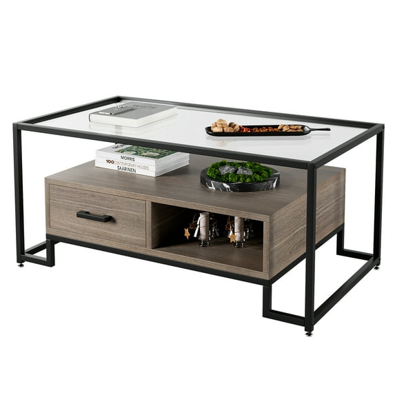 Yeshouse 42 Inch Tempered Glass Coffee Table with 2 Drawers and Storage Shelf, Brown + Black