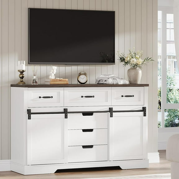 Yeshouse 47" Farmhouse 6-Drawer Dresser with Lighted Mirror, Sliding Doors, Adjustable Shelves