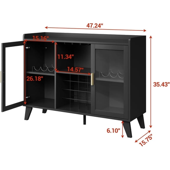 Yeshouse 47" Industrial Wine Buffet with LED Lighting, Modern Liquor Cabinet Featuring Wine Racks and Glass Holders, Compact Coffee Bar and Whiskey Cabinet for Dining and Living Room – Black