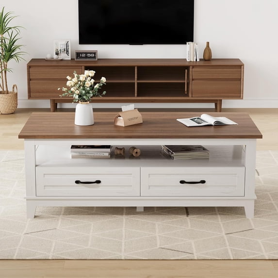 Yeshouse 48 Inch Coffee Table with 2 Drawer and Storage Shelf, Brown+White
