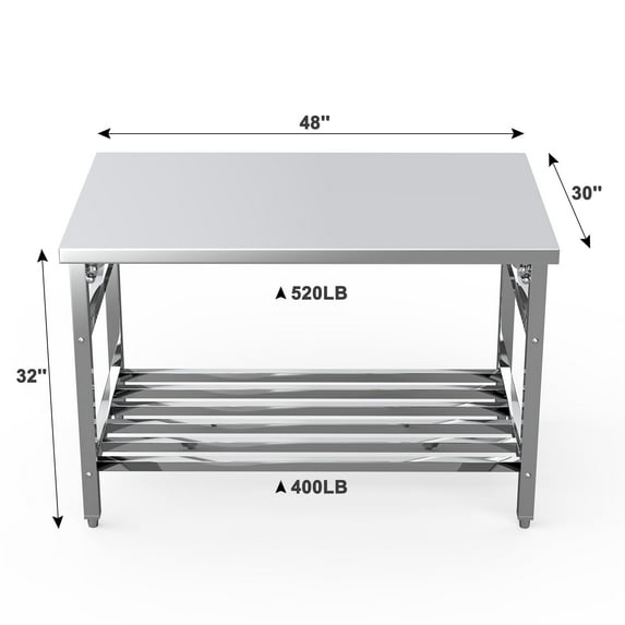 Yeshouse 48"x30" Stainless Steel Work Table, NSF Folding Table Commercial Heavy Duty Prep Table with Adjustable Undershelf for Kitchen, Restaurant, Garage, Home