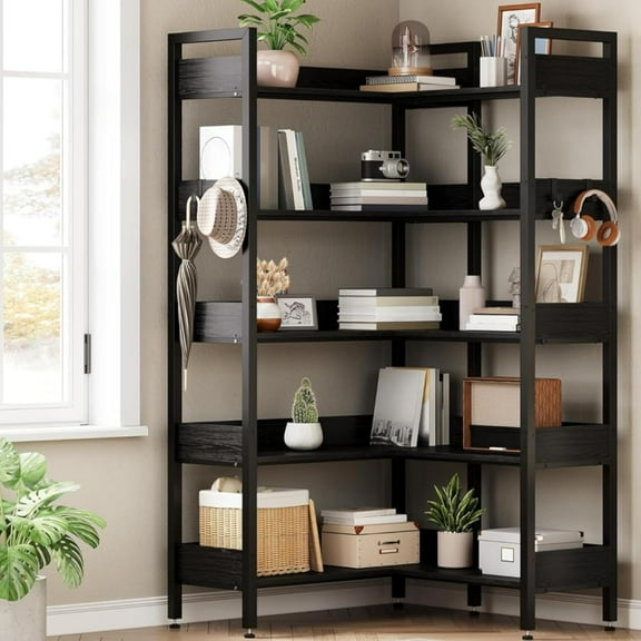 Yeshouse 5-Tier Industrial Corner Bookshelf Sturdy Metal Frame & Convertible Feature & 4 Hooks, Built for Longevity in Living Room, Bedroom & Home Office