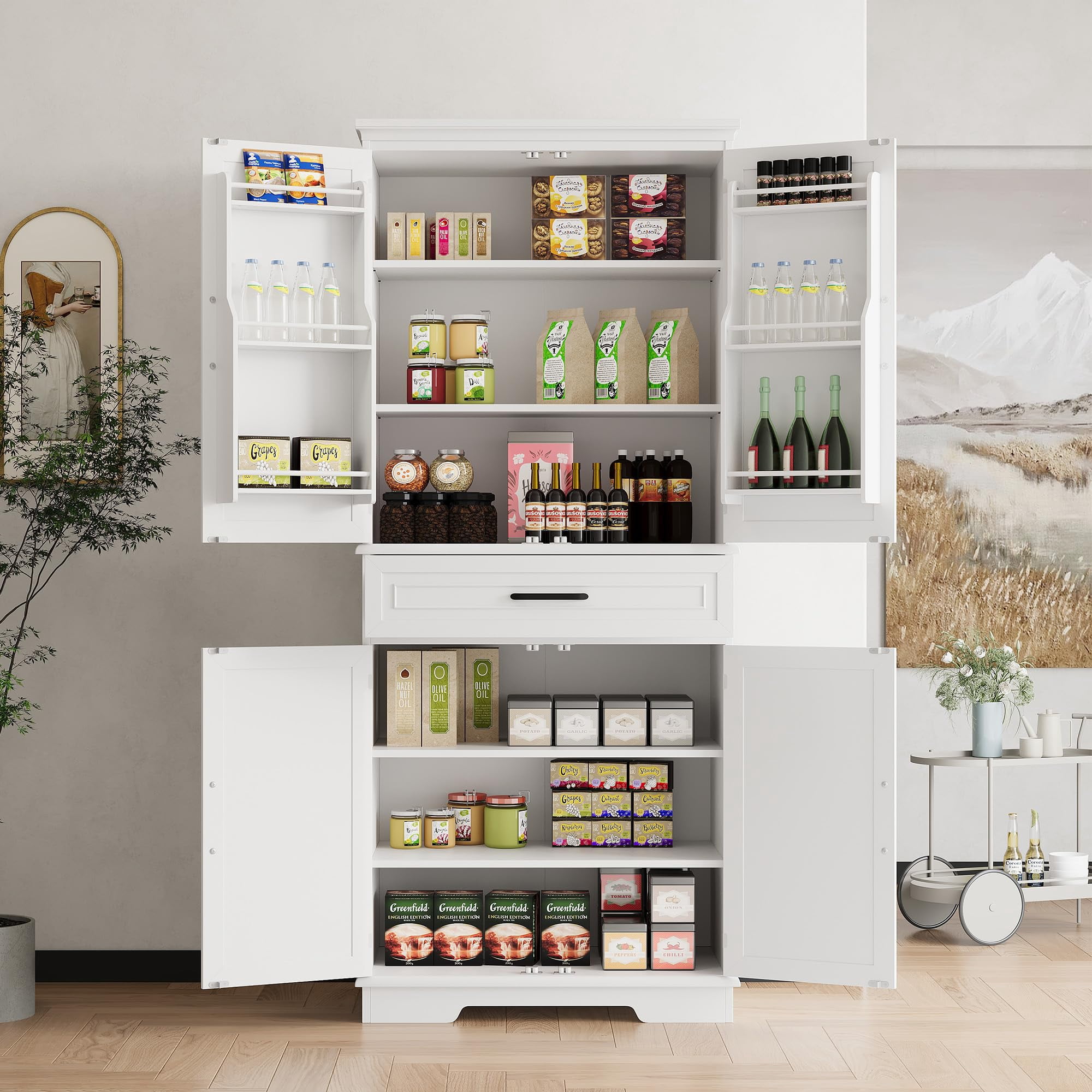 Yeshouse 71.7 Inch Kitchen Pantry Cabinet,Freestanding High Cupboard Bathroom Storage Cabinet with 2 Drawer & Cabinets, 3 Adjustable Shelves, 6 Door Shelves,for Living Room, Kitchen