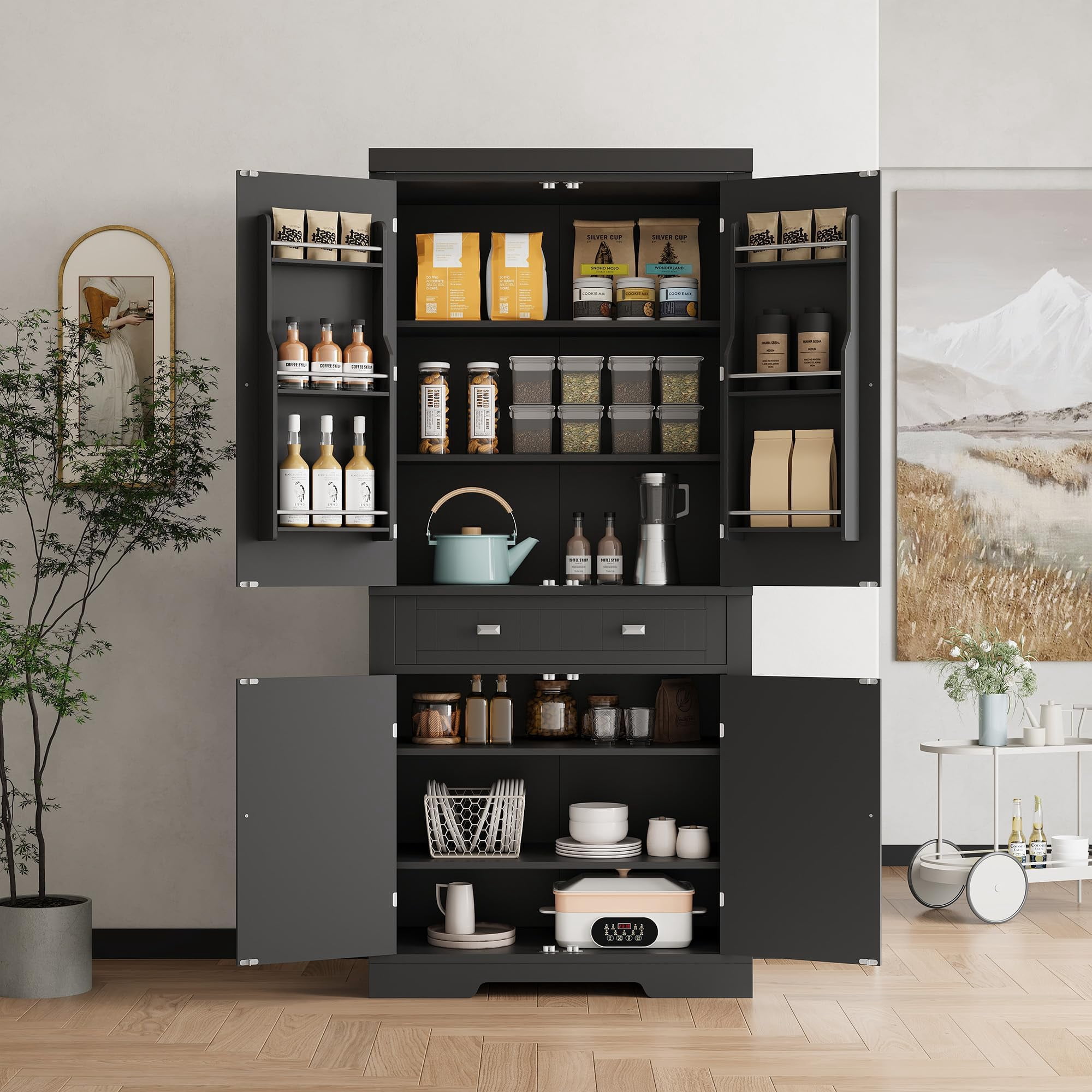 Yeshouse 71.7 Inch Kitchen Pantry Cabinet,Freestanding High Cupboard Bathroom Storage Cabinet with 2 Drawer & Cabinets, 3 Adjustable Shelves, 6 Door Shelves,for Living Room, Kitchen