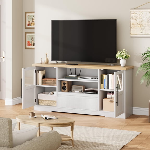 Yeshouse 72 Inch Farmhouse TV Stand, Wave Pattern Media Console with Glass Doors, Open Storage for Living Room