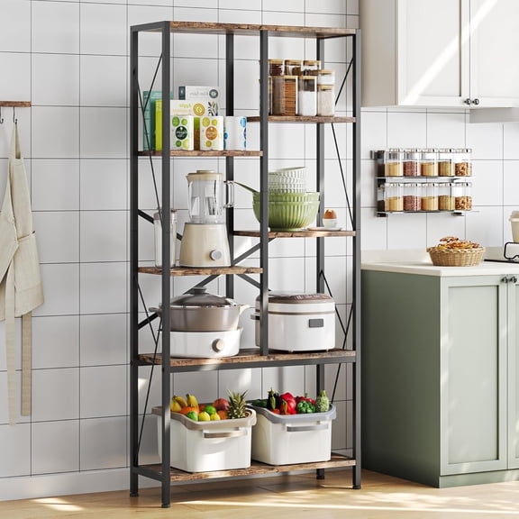 Yeshouse Adjustable 6 Tier Open Bookcase - Rustic Farmhouse Book Shelves - Industrial Wood and Black Metal Bookshelves - Mid Century Bookcase for Home Office Living Room Bedroom