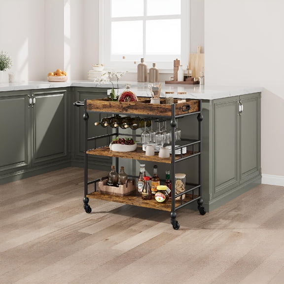 Yeshouse Bar Cart for The Home - 3-Tier Rolling Serving Carts with Wine Rack and Glass Holder - Mobile Kitchen Shelf, Microwave Drink Cart for Living Rooms, Dining Rooms, Kitchens