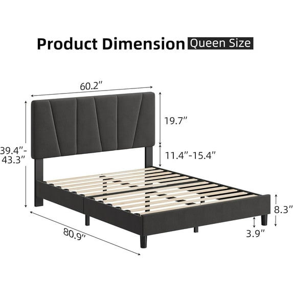 Yeshouse Bed Frame with Adjustable Headboard, Linen Upholstered Full Platform Bedframe with Strong Wooden Slats, No Box Spring Needed, Mattress Foundation, Easy Assembly, Dark Gray