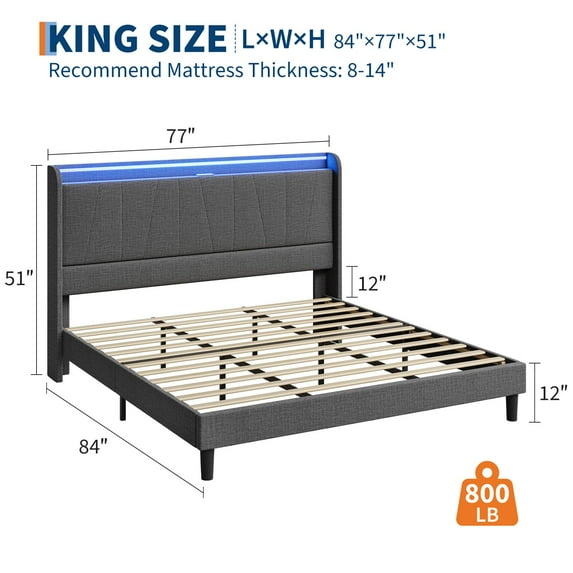 Yeshouse Bed Frame with Charging Station and LED Lights, Modern Platform Bed with Wooden Slats, Upholstered Headboard, No Box Spring Needed, Easy Assembly