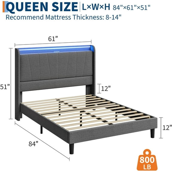 Yeshouse Bed Frame with Charging Station and LED Lights, Modern Platform Bed with Wooden Slats, Upholstered Headboard, No Box Spring Needed, Easy Assembly