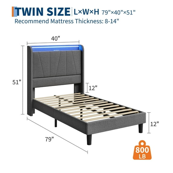 Yeshouse Bed Frame with Charging Station and LED Lights, Modern Platform Bed with Wooden Slats, Upholstered Headboard, No Box Spring Needed, Easy Assembly