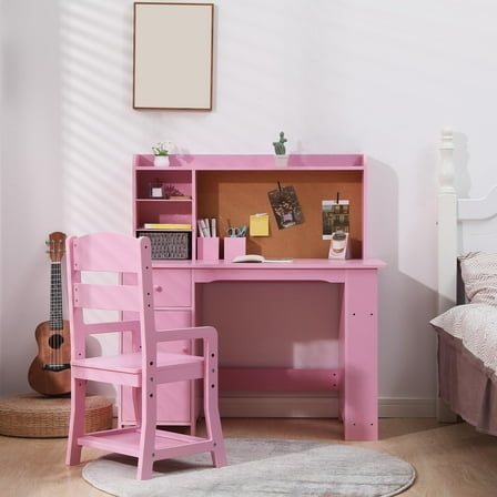 Yeshouse Children’s Study Table and Chair Set, Pink Desk with Storage, Bulletin Board & Bookshelf for Girls’ Room