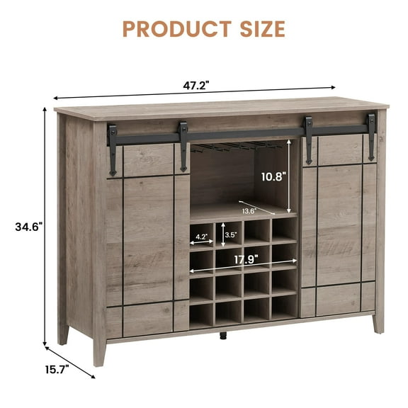 Yeshouse Coffee Bar Cabinet,47" w/16 Wine Glass Rack, Storage Shelves Farmhouse Wine Bar Sideboard w/Sliding Barn Door Kitchen Buffet Cabinet w/Storage Shelves for Dining Room