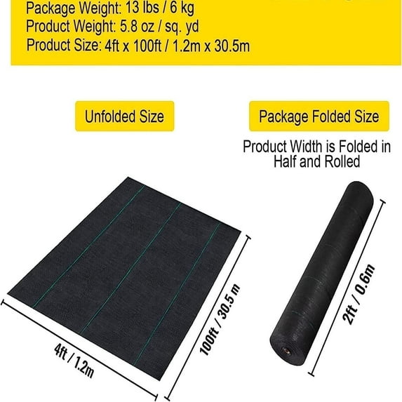 Yeshouse Commercial-Grade 5.8oz Woven Weed Barrier Fabric - Double-Layer Reinforced Ground Cover 4ft x 100ft Roll, Landscape Matting for Gardening Beds, Nurseries, Vineyards & Agricultural Use