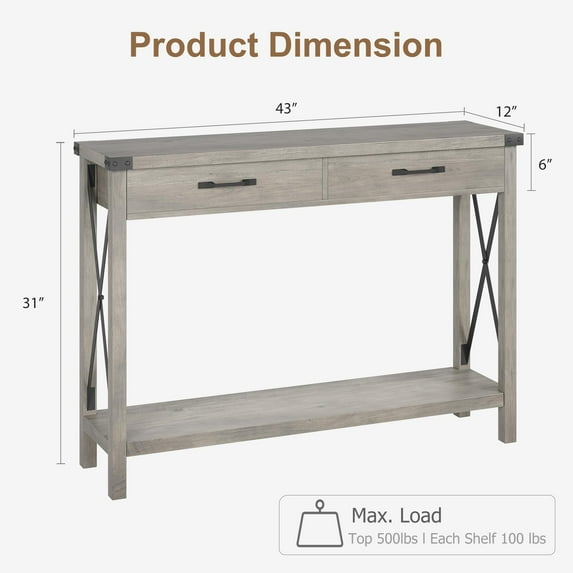 Yeshouse Console Table with 2 Drawers, Farmhouse Entryway Table with Storage Shelf, Accent Wood Sofa Table for Living Room, Hallway, Foyer-Grey