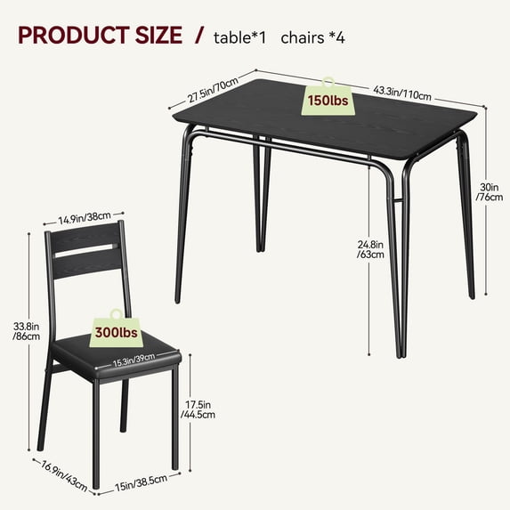 Yeshouse Dining Table Set for 4 - Modern Industrial Kitchen Table & Chairs with Upholstered Seats, Wood & Metal Rectangular Dinner Table Set for Dining Room