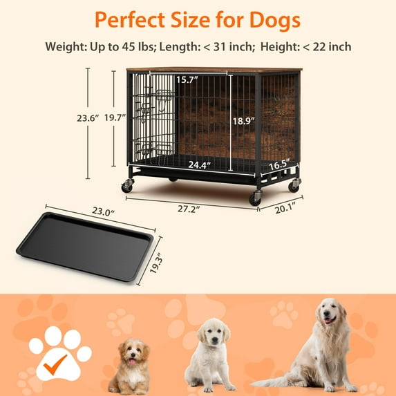 Yeshouse Dog Crate, 38" XXL Heavy Duty Dog Crate Furniture, Double Door Indoor Kennel with 360° Wheels, Removable Tray & 3 Hooks, Easy to Assemble and Clean Scratch-Resistant Pet Cage for Large Dogs