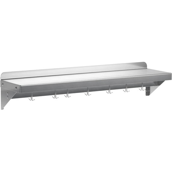Yeshouse Floating Shelves for Wall, NSF Commercial Wall Shelf, 12" x 60" Shelf Pot Rack with Backsplash & 7 Hooks, Stainless Steel Floating Shelves, for Hanging Pots, Pans, Cookware